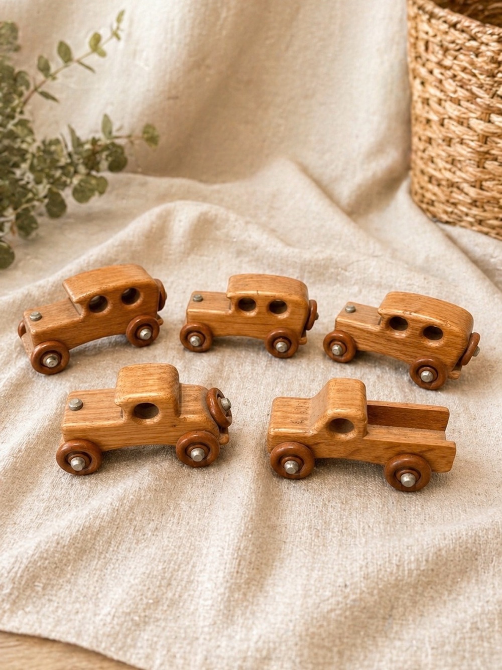 Handcrafted Wooden Toy Cars Set of 5 | Montessori Waldorf Natural Wood Vehicles